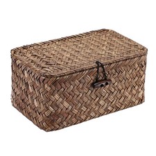 Handwoven Seagrass Basket Wicker Shelf Basket with Lid Rectangular Multipurpo...