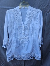 White Cotton Chikankari Embroidered Crochet Lace Tunic Top Gypsy Style Small 