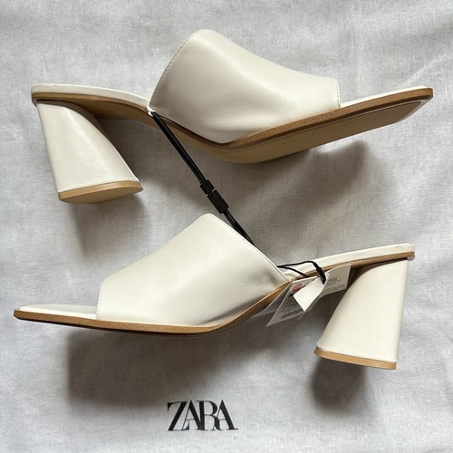New Zara Wide Heel Square Toe White Leather Sandal 3537/110 Size 11 42 - Picture 4 of 8