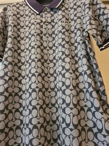 New $250 Limited Edition COACH Men's Logo Mesh Polo Shirt Sz Medium Blue - Picture 9 of 11