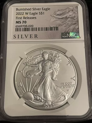 2022 w Uncirculated burnished silver eagle, ngc ms70 first releases, w/ ogp,