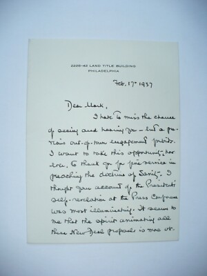 1937 GEORGE WHARTON PEPPER AUTOGRAPHED LETTER, ROOSEVELT NEW DEAL CONTENT