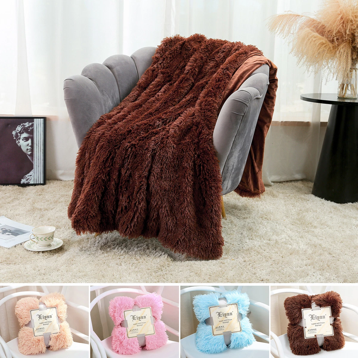 Flannel Blanket Warm Soft Long Shaggy Fuzzy Blanket Throw Over Bed Sofa  Winter | eBay