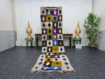Moroccan Handmade Vintage Runner Rug 2'6''x9'8'' Berber Geometric White Blue Rug 