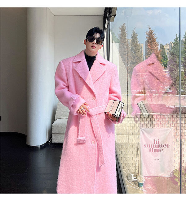 Korean Pink Woolen Coat Men's Long Knee Length Trench Coat Korean Pink Woolen Coat Men's Long Knee Length Trench Coat