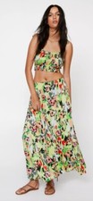 Nasty Gal Size 6 Floral 2 Piece Co-ord Maxi Skirt & Crop Top Green Crinkle Hol