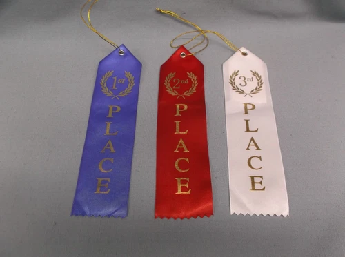 1st 2nd 3rd Place Award Ribbons wCard-String blue red white wreath
