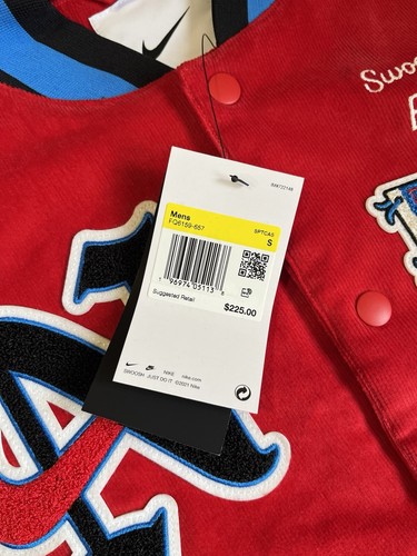 NWT $225 Nike Corduroy Varsity Bomber Jacket Red Black Blue Men Small FQ6159-657 - Afbeelding 7 van 7