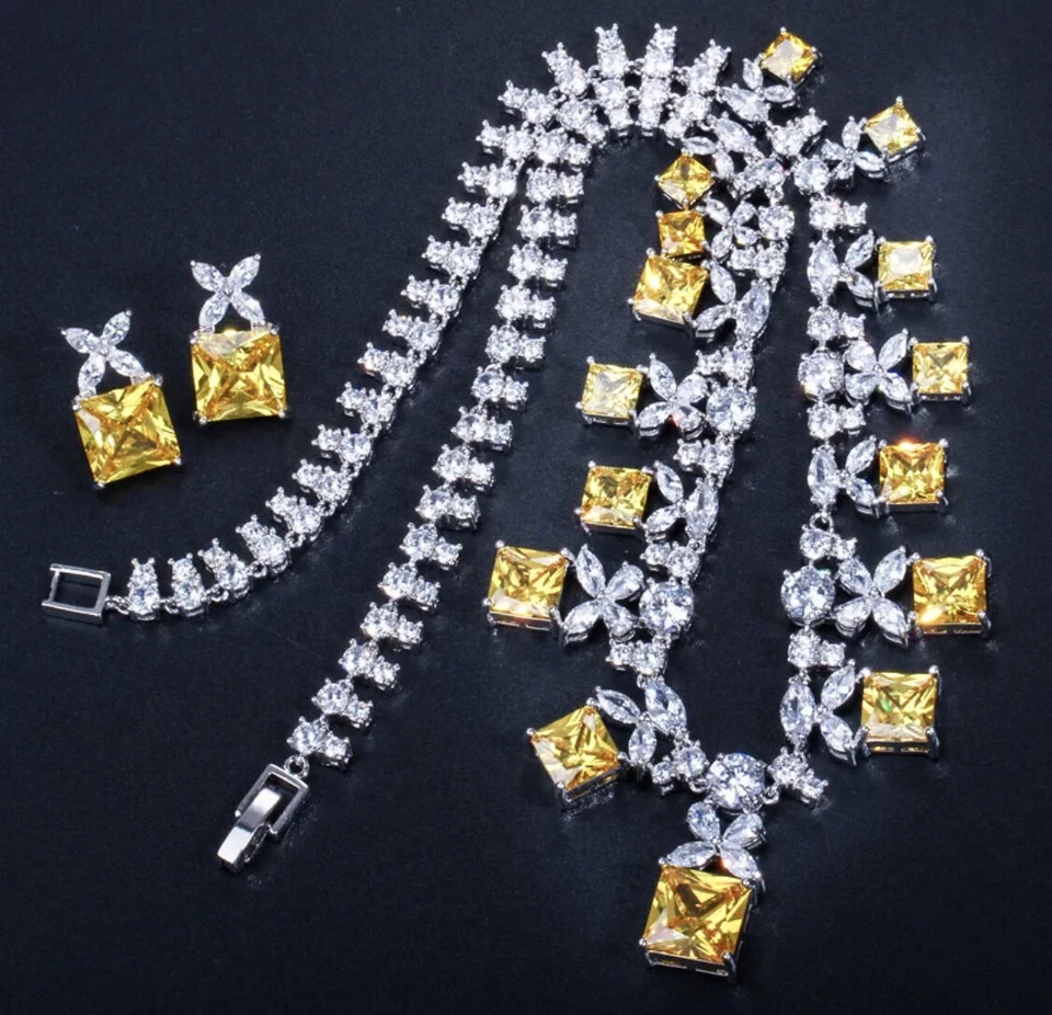 Conjunto de regalo de aretes collar de piedras preciosas de citrino amarillo enchapado en oro blanco de 18k para mujer Foto 4 de 4