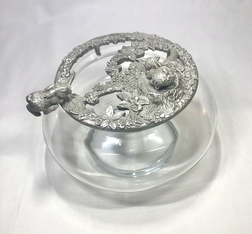 Vintage 1989 Rawcliffe Pewter Bunnies Lid on Glass Potpourri Dish
