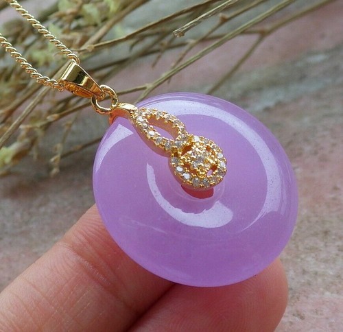 Genuine Purple Jade Imitation Diamond Circle Ruyi Coin 18KGP Pendant Necklace - Picture 3 of 6
