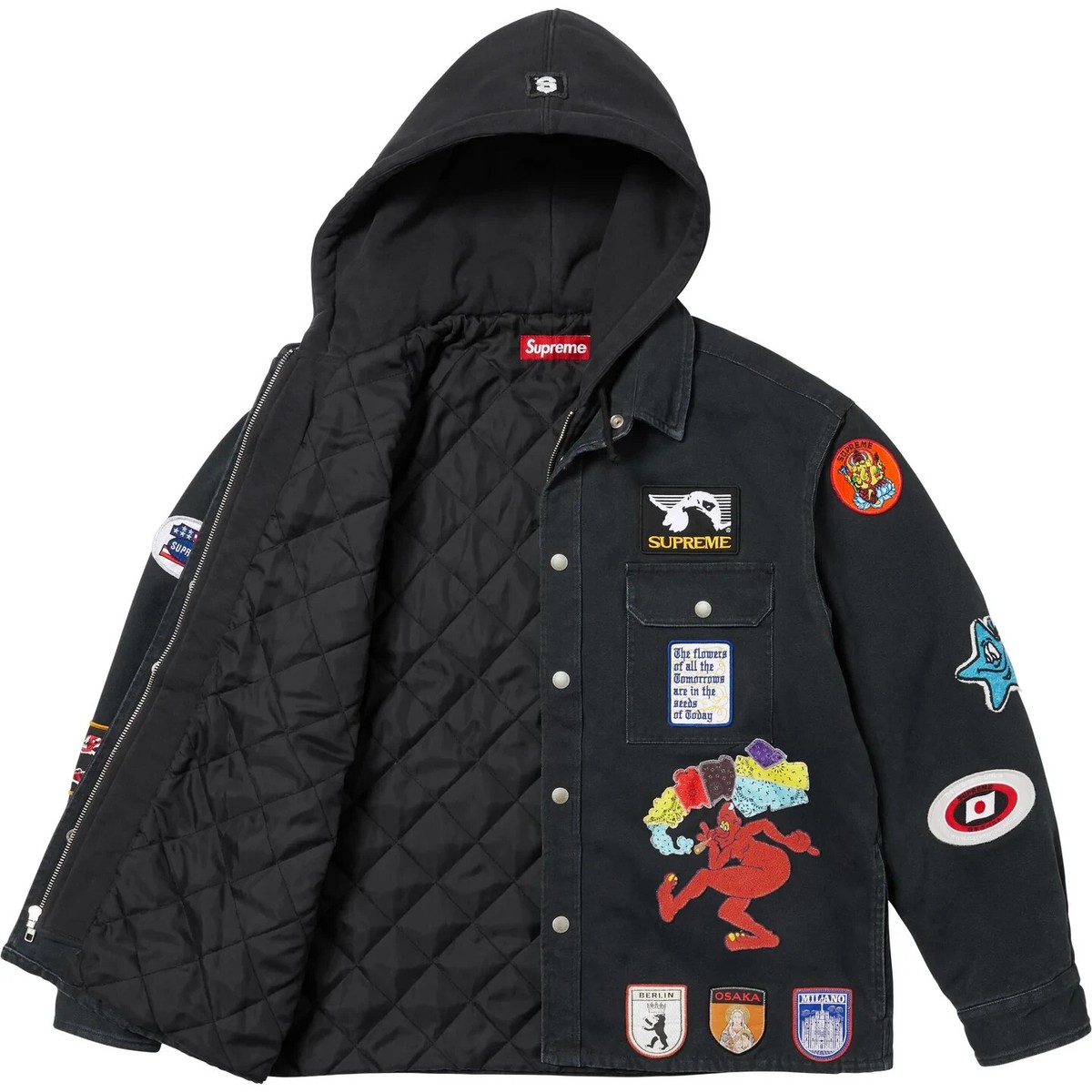 SUPREME PATCHES HOODED ZIP UP SHIRT (LARGE) (BLACK) SS25 PATCHES 6