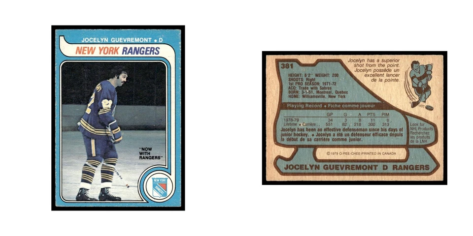 Jocelyn Guevremont 1979 O-Pee-Chee #381 New York Rangers Hockey Card VG - Image 3 of 3