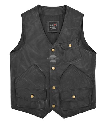 Men's Biker Leather Vest Real Cowhide Hunter Shooter Rock Punk Waistcoat 9693