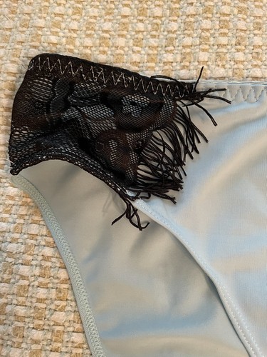 VTG DELTA BURKE Pantie High Leg Bikini Women’s 1X Blue Black Fringe Cowgirl Lie - Picture 2 of 7