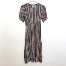 EMERY ROSE SHEIN Striped Puff Sleeve Dress White Black Multi Geo Boho Midi Small
