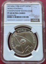 EGYPT , 5 POUNDS 1986 WORLD FOOTBALL CHAMP- REEDED EDGE (RC) NGC PF 68 UC , RARE