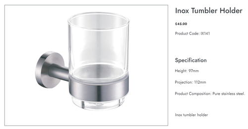 JTP Inox IX141 Brushed Stainless Steel Bathroom Tumbler Holder & Glass Tumbler - Picture 4 of 4