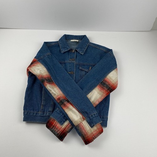BKE Jacket Women Sz XS Relaxed Jean and plaid flannel Boho Trucker outdoor Blue - Picture 2 of 15