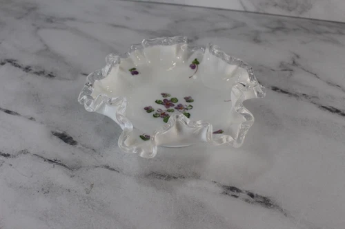 Vintage Fenton Silver Crest Purple Violets 6 Inch Ruffled Edge Bon Bon
