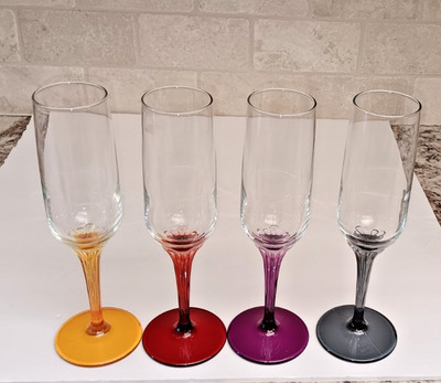Set of 4 Pasabahce Champagne Flute, Clear with Gem Collored Stems