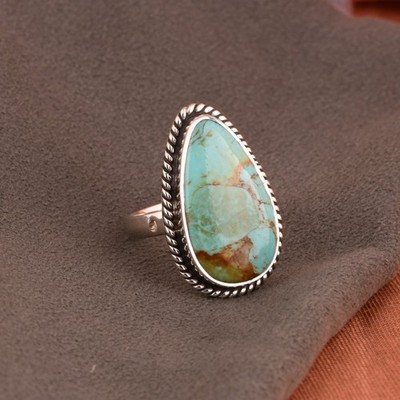 Natural Turquoise Teardrop Ring Sterling Silver Southwestern Statement Jewelry