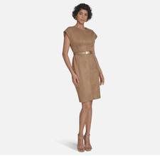 Calvin Klein Cap Sleeve Belted Faux Suede Sheath Dress Women's Size 10 NWT