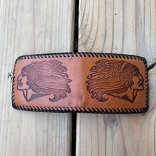 Vintage Leather Wallet Whipstitch Bifold Hand Tooled USA Made Freedom Indian