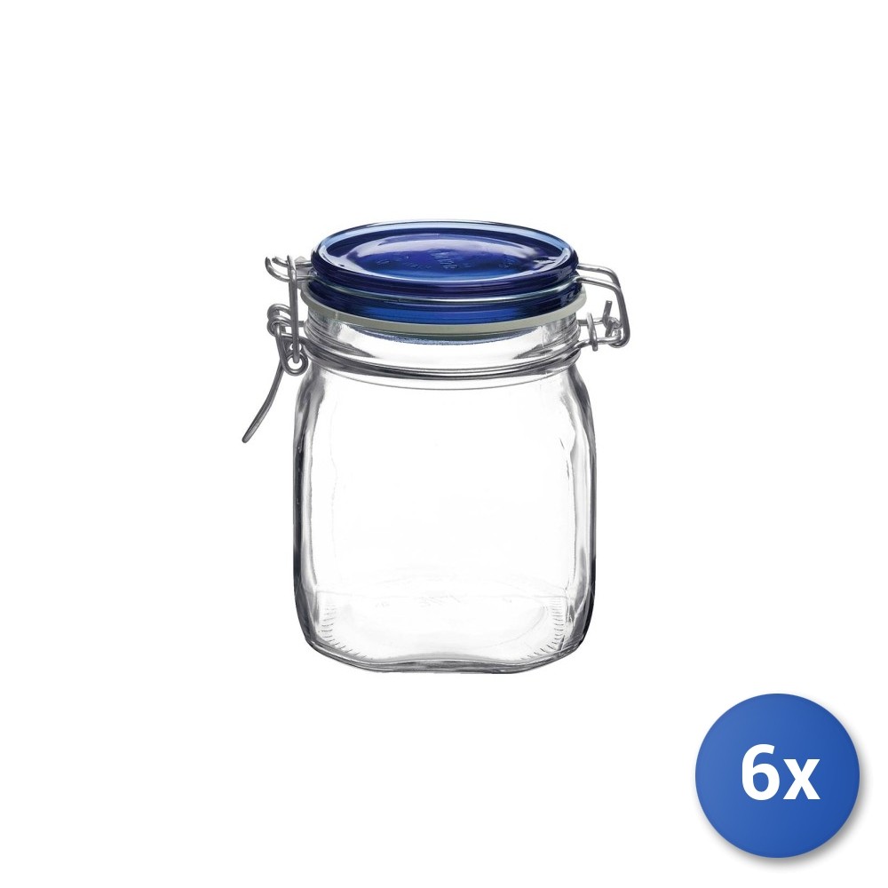6 Glass Jars Fido Hermetic Seal Blue 750ml Bormioli Rocco