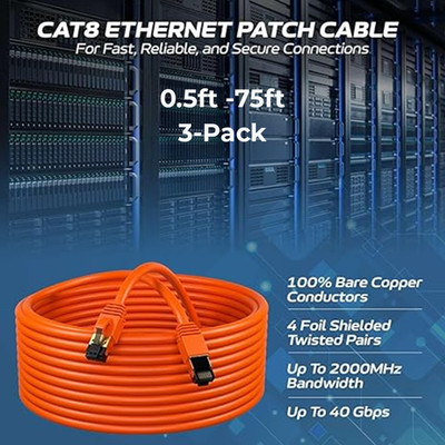3-Pack CAT8 Ethernet Patch Cable Copper 26AWG SFTP RJ-45  0.5-75FT Orange Lot