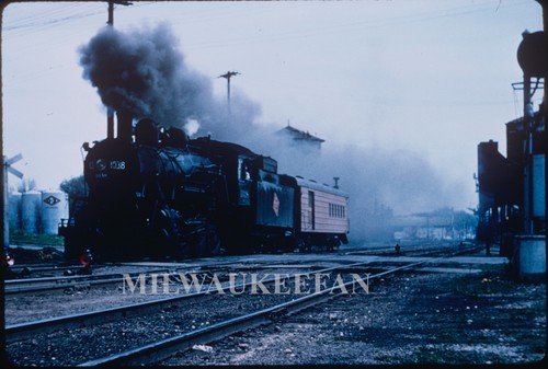 DUPLICATE 35MM SLIDE Milwaukee Road 4-6-0 1038 action Janesville Wisconsin 1954
