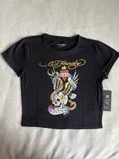 Ed Hardy Women's Cropped Skull Graphic Crew Neck Tee Black Cotton Medium