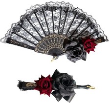 Black Lace Folding Hand Fan Rose Flower Vintage Wedding Bridal Party Photo Prop