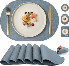 Oval Placemats Set of 6 Faux Leather Wipeable Table Mats Charcoal Blue