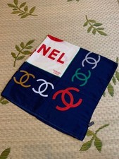 CHANEL Silk Scarf Navy Colorful Coco Mark Logo 34" Square Vintage Made in France