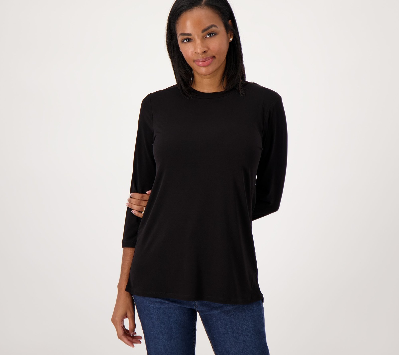 Susan Graver Women's Top Petite PM Essentials Pet Liquid Knit Crew Black A567176