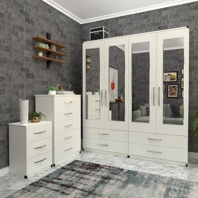Gebrauchsfertiges 4-türiges Kleiderschrank-Set, Kleiderschrank, Kommode, Nachttisch