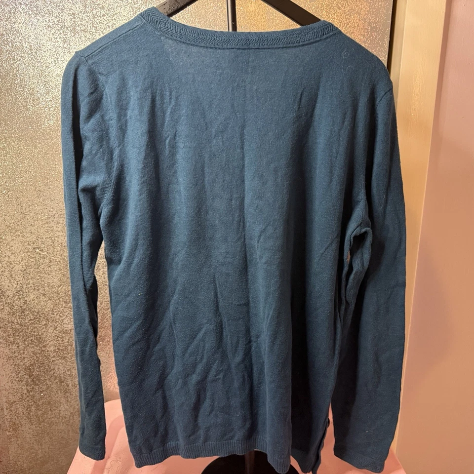 Talbots 女式 Petite Teal V 领毛衣 Lrg 纽扣细节长袖针织 — 第 3/3 张图片