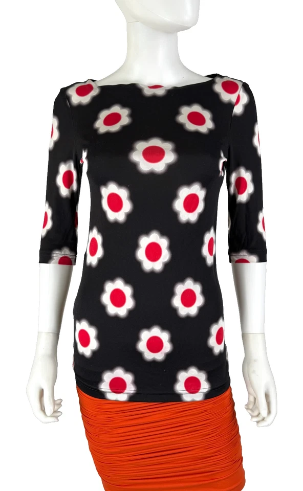 Blusa Top Vestido Prada Auténtica 4 US 40 IT S Negra Roja Elastizada 100% Seda Floral Foto 2 de 4