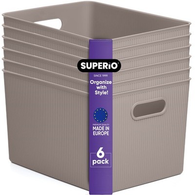 Superio Ribbed Collection Decorative Plastic Basket X-Large Taupe 6 Pack 22