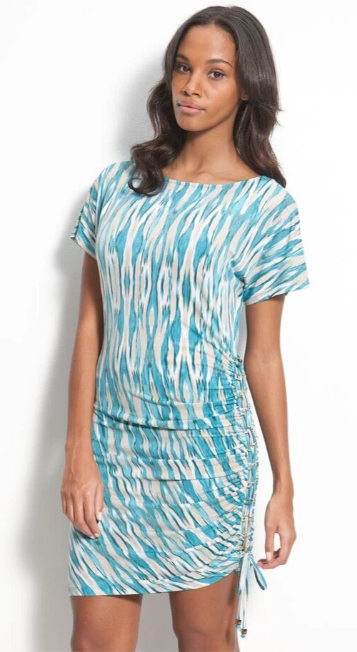 Michael Kors Chain Lace Up Side Tile Blue Jersey Dress S eBay
