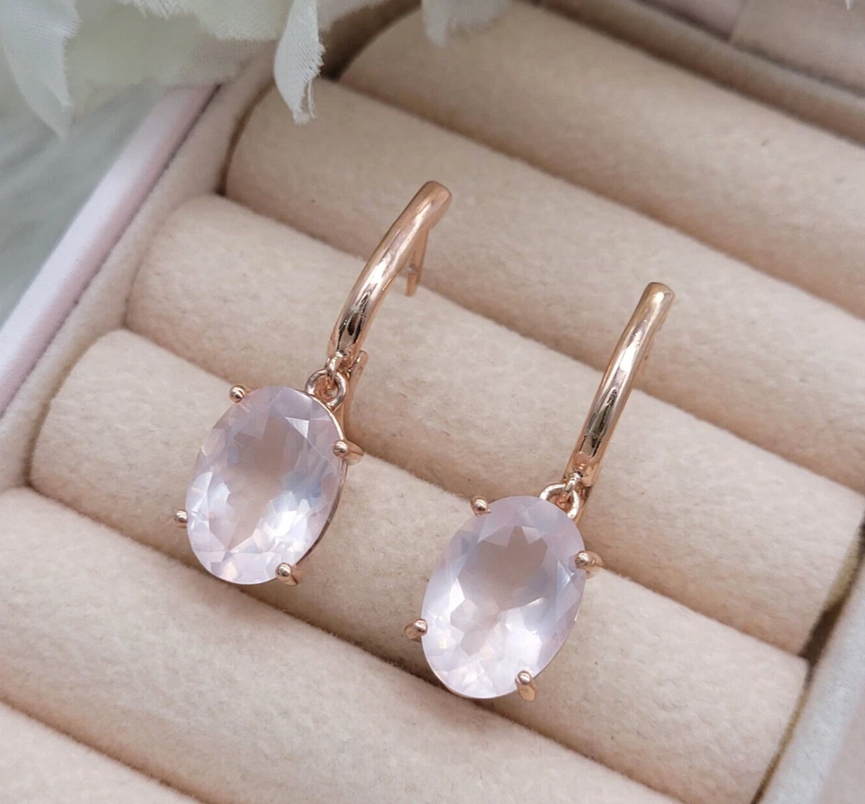 Hermosos Pendientes Colgantes de Cuarzo Rosa Rosa - Fiesta Ropa Plata Joyería Ella Foto 2 de 4