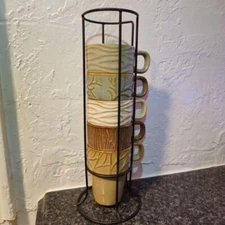 Rare! MercAsia Set of 5 Shabby Ceramic Stacking Nesting Coffee Mugs with Stand