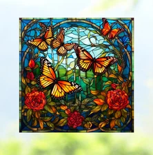 Monarch Butterflies & Roses Faux Stained-Glass WINDOW CLING Size 8" Vinyl