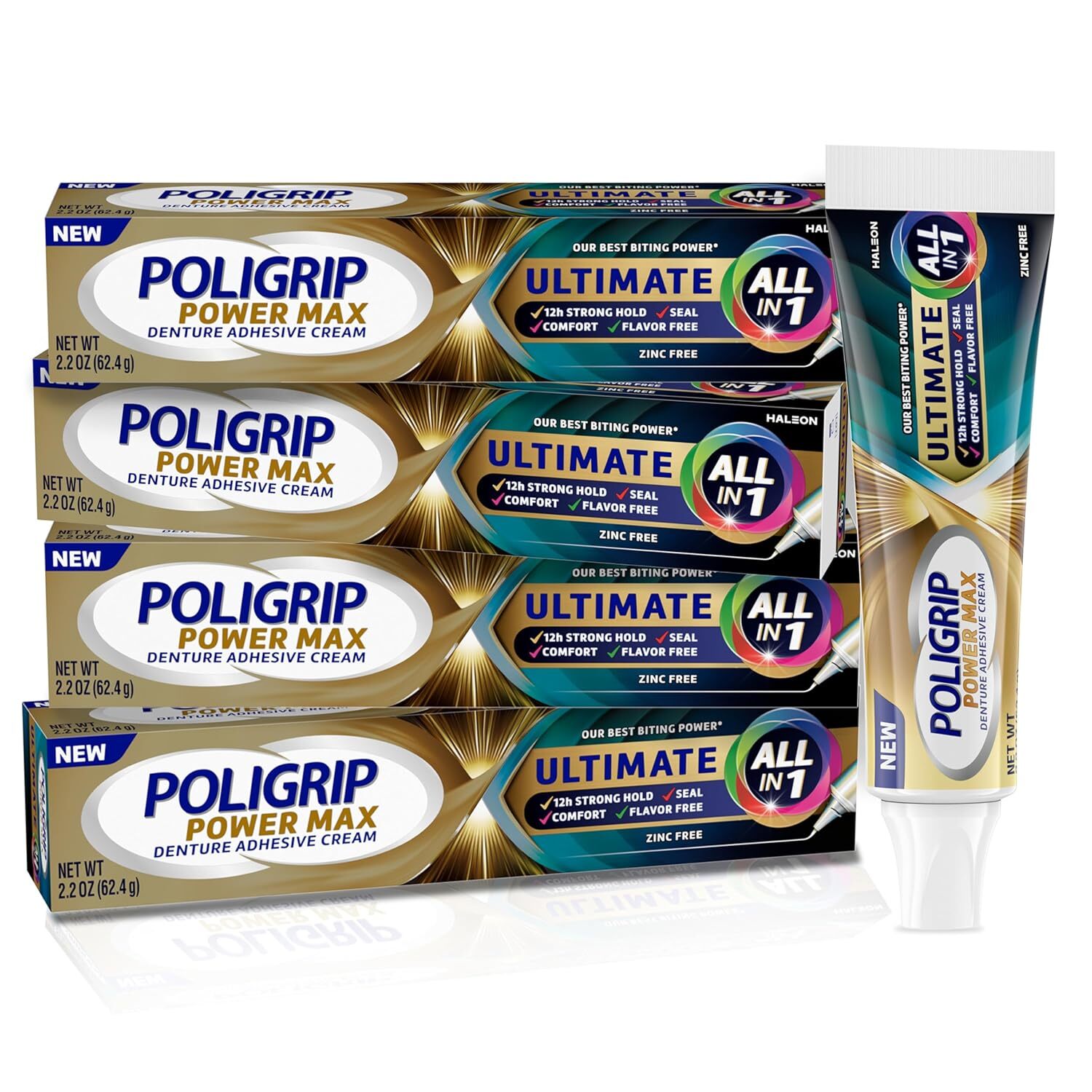 Poligrip Power Max Ultimate All-In-1 Denture Adhesive Cream, Zinc Free, 2.2 oz (
