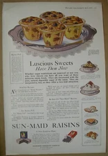 1919 Vtg Big ad SUN-MAID RAISINS luscious sweets- CARPENTER MORTON econ products