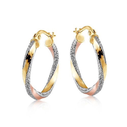 Three Colour Gold Hoop Earrings 20mm Glitter Effect Hallmarked Hoops - 第 1/5 張圖片