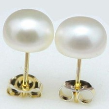 Real Natural White Akoya Button Pearl Gold Stud Earrings 8-9/9-10/10-11/11-12mm