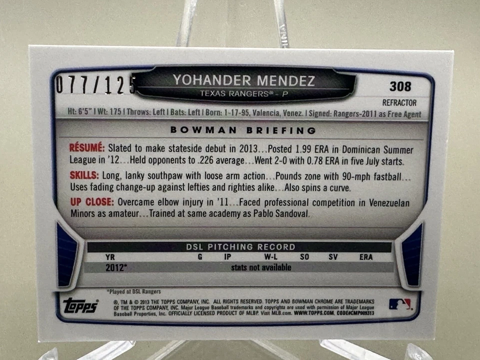 YOHANDER MENDEZ 2013 Bowman Chrome MINI REFRACTOR #077/125 (#308) - NM/MT - Image 2 of 2
