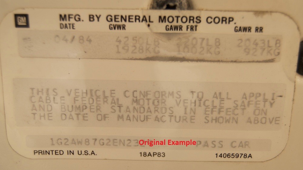 1984 GM VIN Door Decal Sticker Date & VIN Printed Z28 SS 442